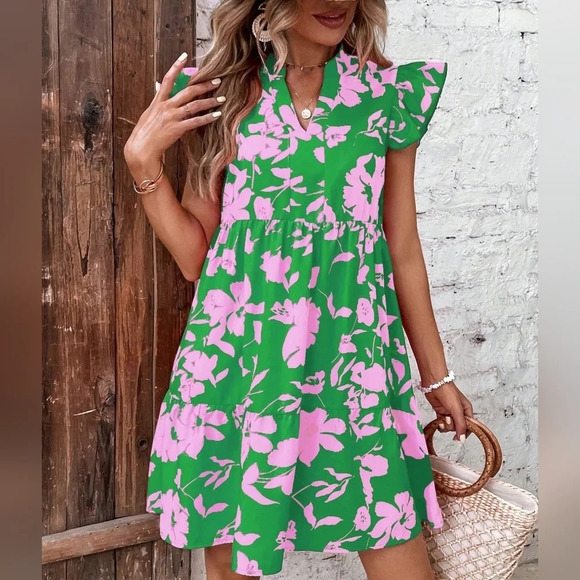 Floral Print Notched Neck Ruffle Trim Smock Dress - Picture 2 of 5